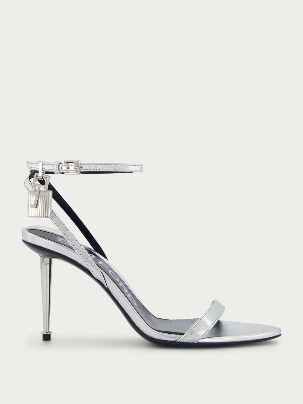 PADLOCK POINTY NAKED SANDAL 85 MM IN SILVER CALFSKIN
