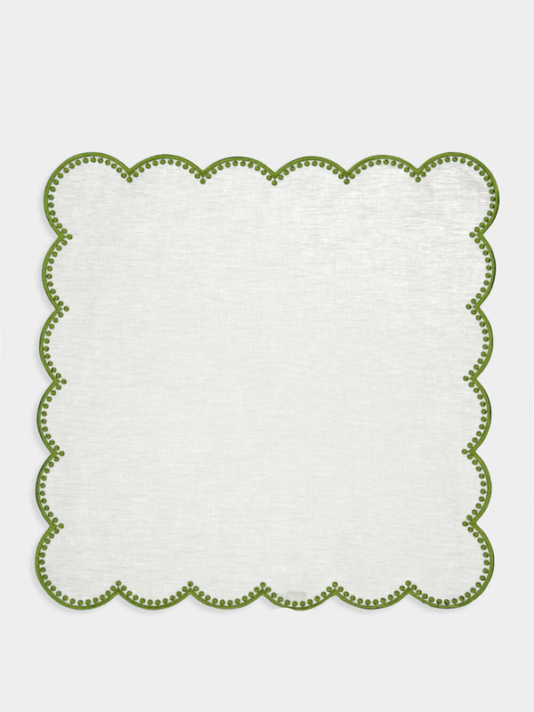 Cascais White Linen Napkin with Green Dots Border