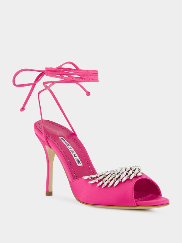 Plumena 90 Crystal-Embellished Satin Lace-Up Pink Sandals