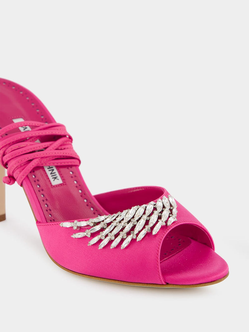 Plumena 90 Crystal-Embellished Satin Lace-Up Pink Sandals