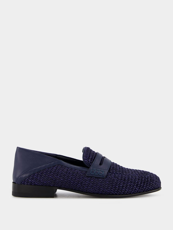 Padstow Navy Blue Raffia Penny Loafers