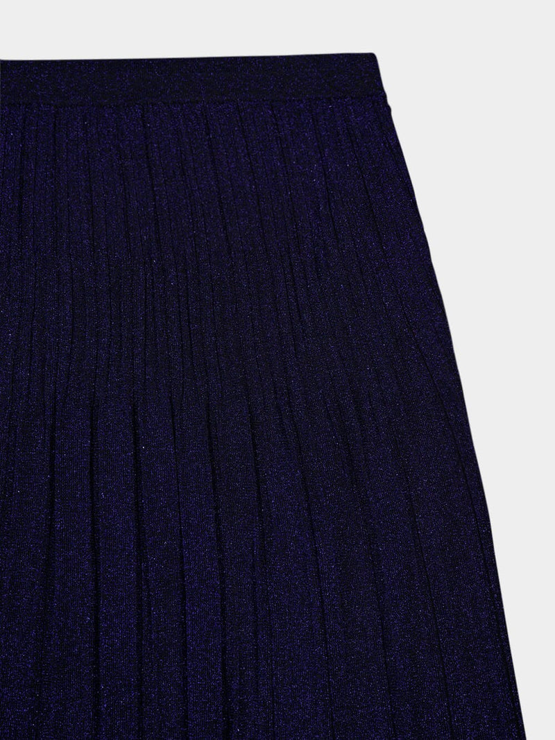 Navy Pleated Lurex Ribbed Midi Skirt