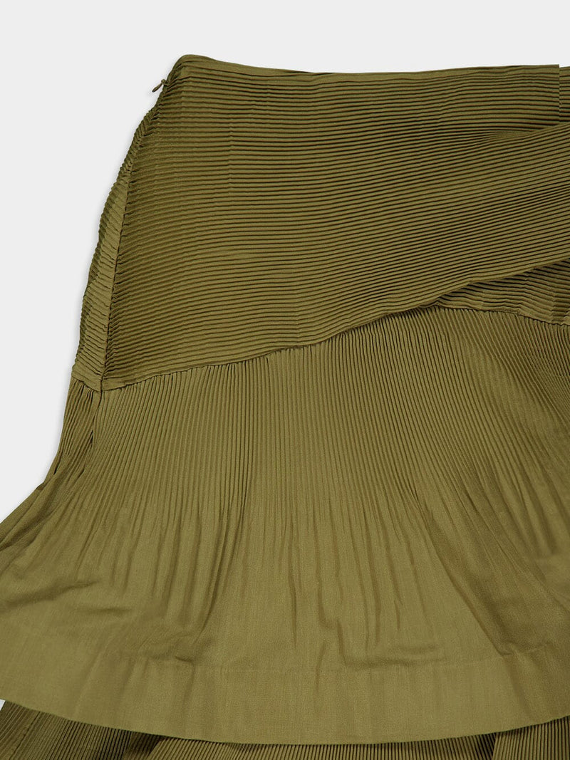 Olive Pleated Tiered Midi Skirt