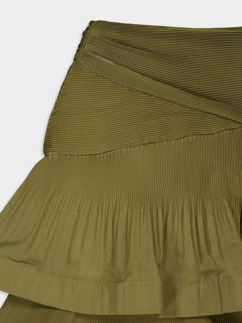Olive Pleated Tiered Midi Skirt
