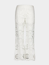 Lexi Embroidered White Eyelet Flared Trousers
