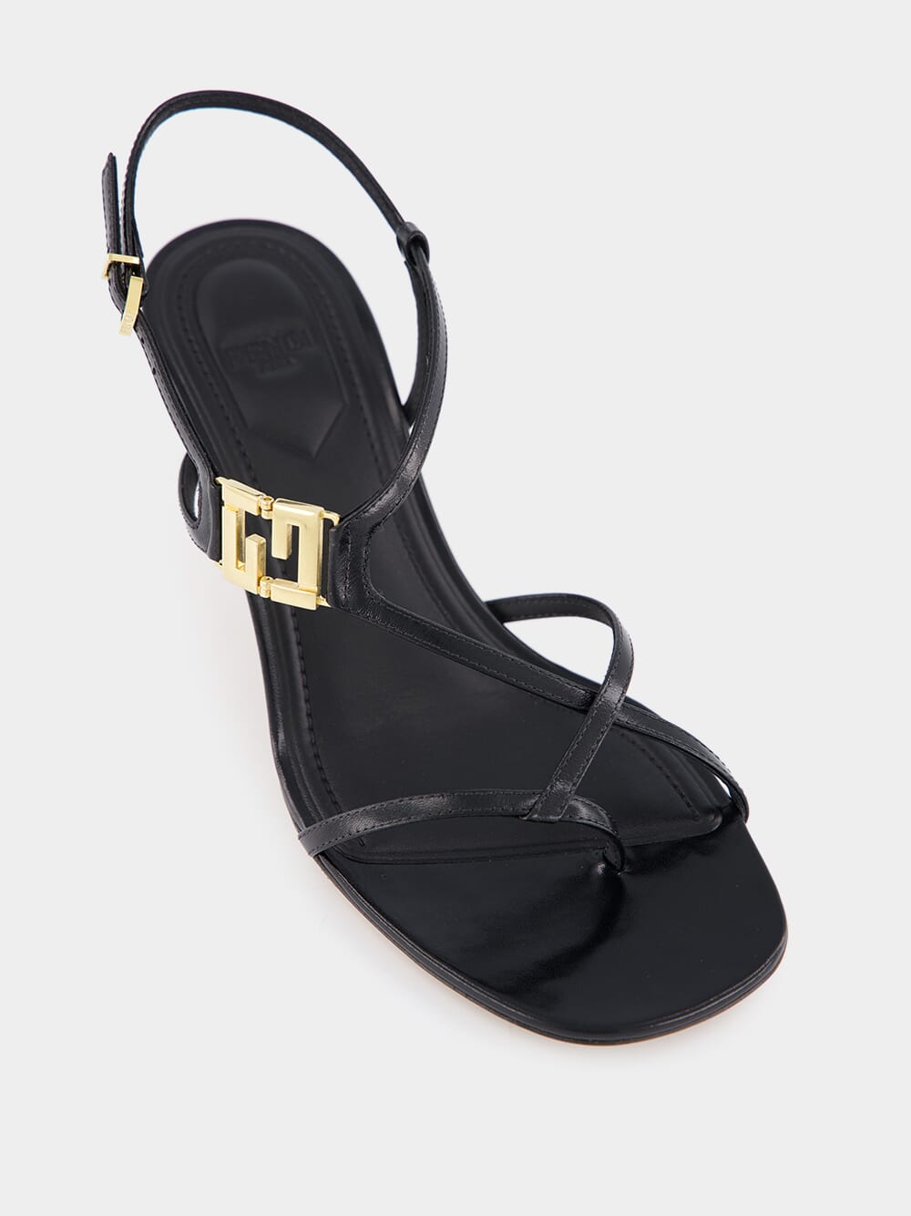 FFold Black leather medium-heeled sandals