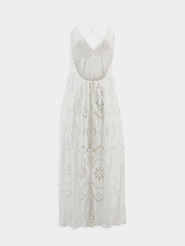 Lexi Embroidered White Eyelet Lace Midi Dress