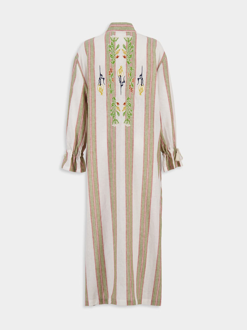 Almandine Linen Striped Dress With Embroideries