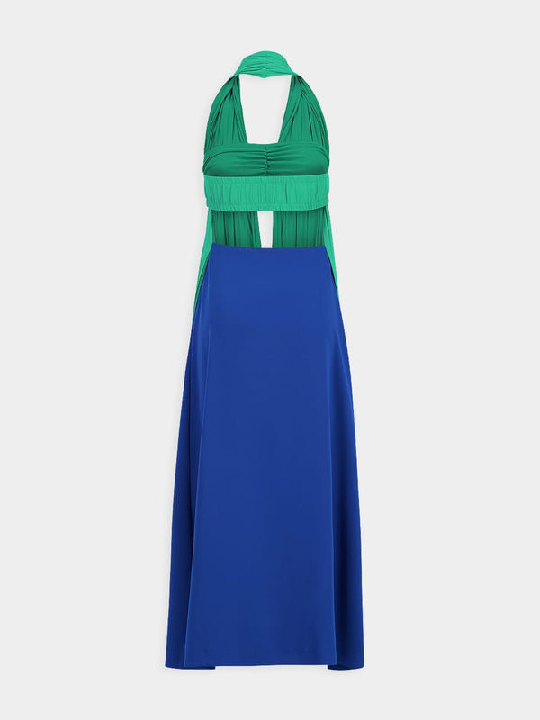 Rhodes Pleated Halter Neck Blue and Green Dress