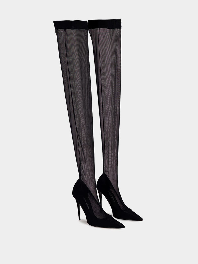 X KIM Stretch Tulle Thigh-High Boots