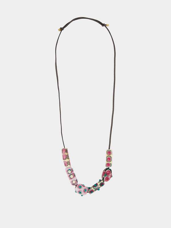 Pink Beatle Beaded Leather Necklace