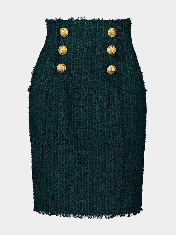 Button-Detail Tweed Pencil Skirt