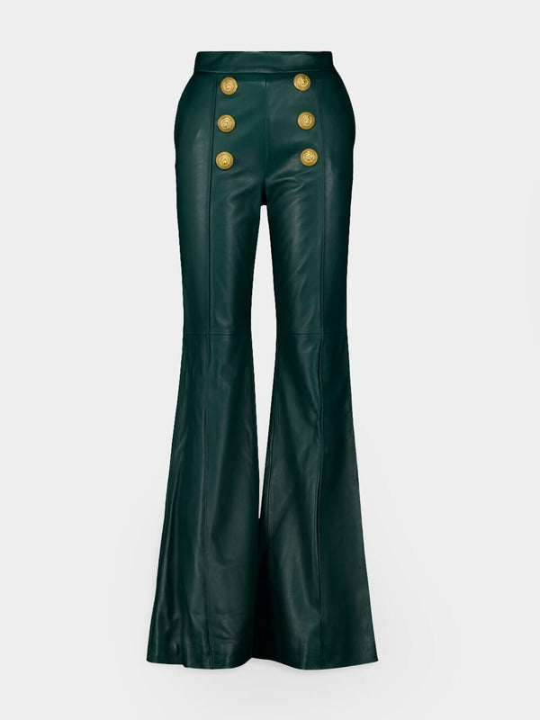 Button-Embellished Leather Flared Trousers