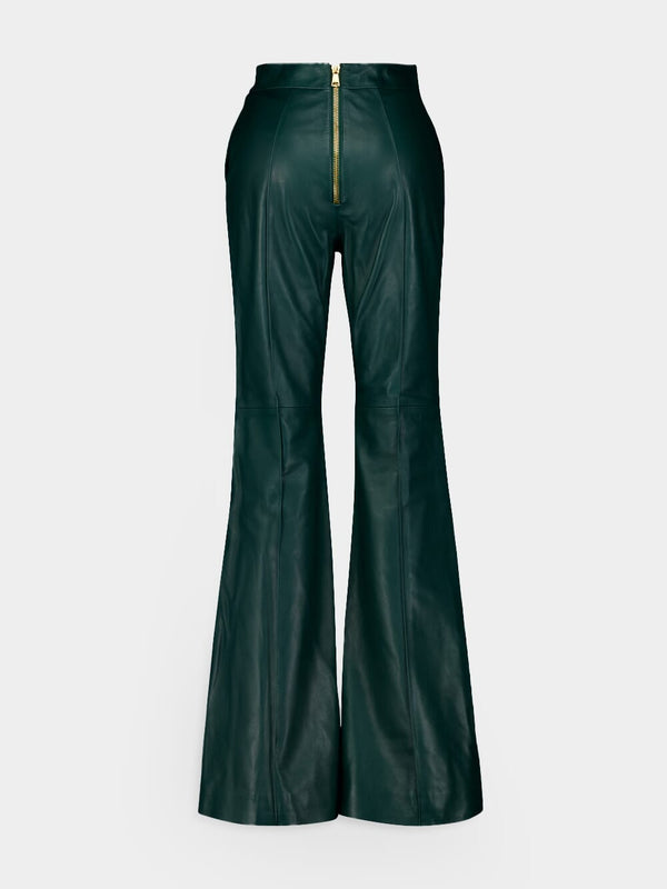Button-Embellished Leather Flared Trousers