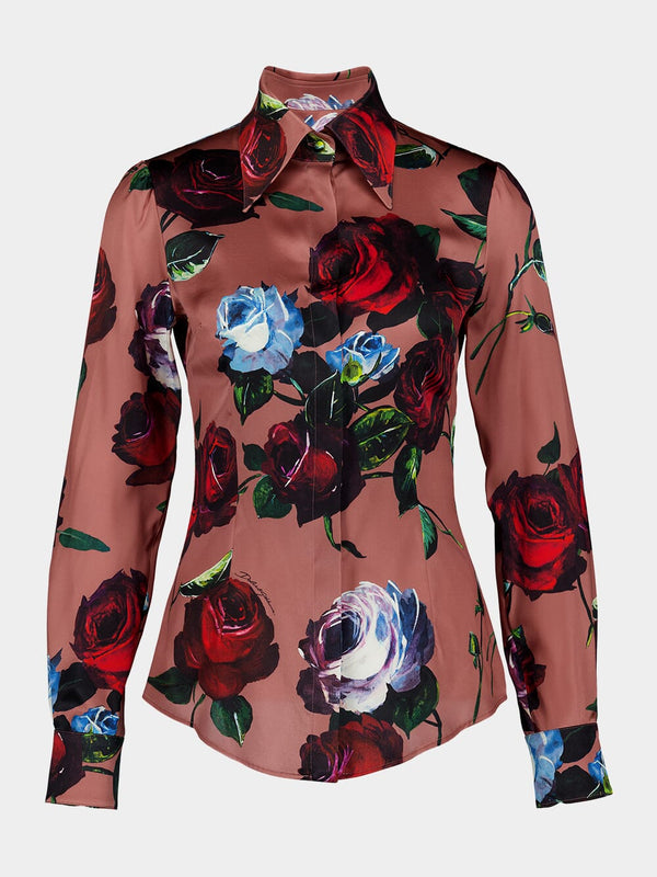 Vintage Rose Print Satin Shirt