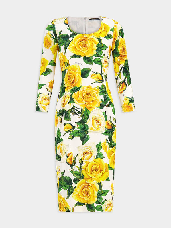 Yellow Rose Print Silk Dress
