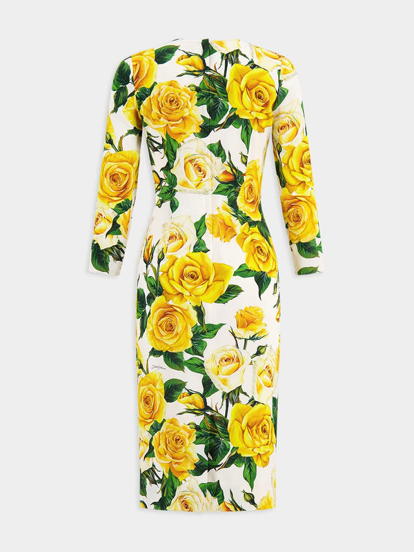Yellow Rose Print Silk Dress