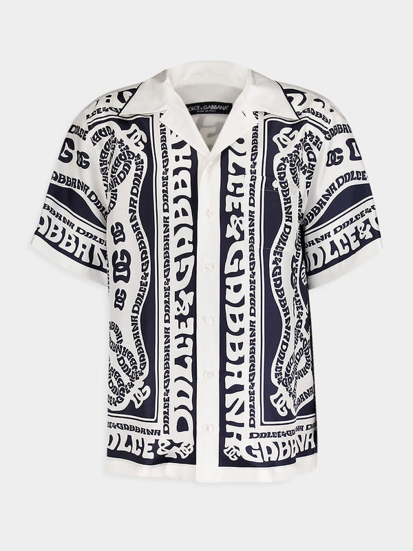 Marina-Print Silk Hawaiian White Shirt