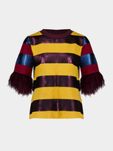 Lyra Sequin Embroidered Striped T-Shirt With Feathers