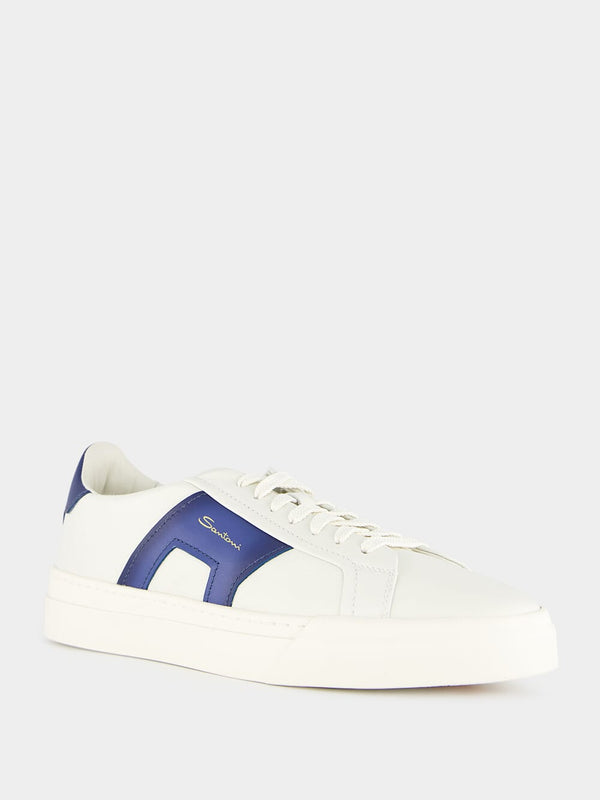 White And Blue Leather Double Buckle Sneakers