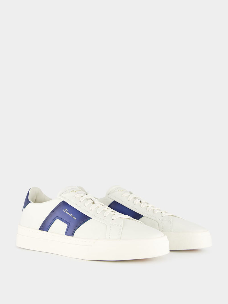 White And Blue Leather Double Buckle Sneakers