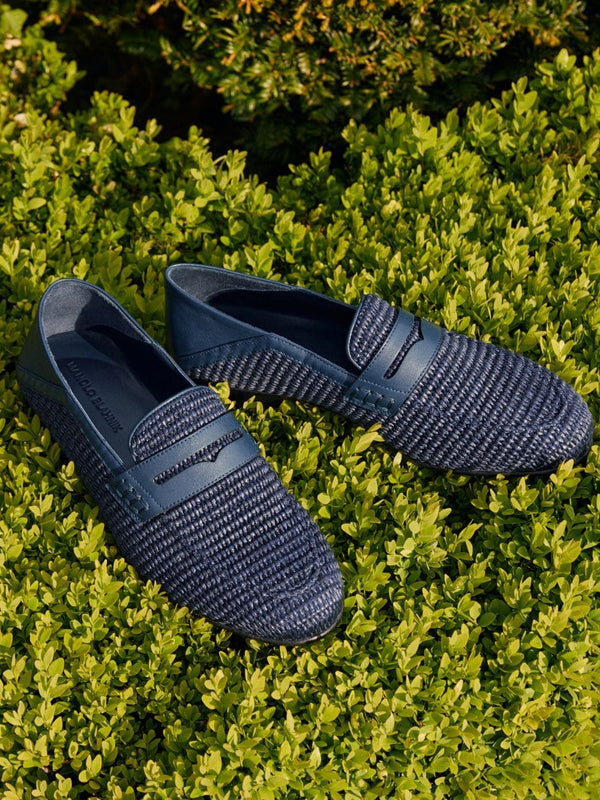Padstow Navy Blue Raffia Penny Loafers
