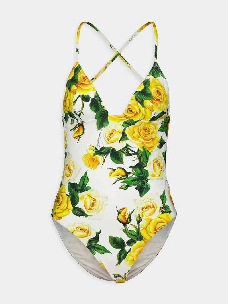 Rose Print Plunging Neckline Swimsuit