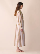 Almandine Linen Striped Dress With Embroideries