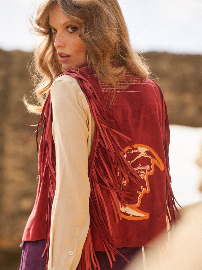 Cassiopeia Embroidered Suede Vest with Fringes