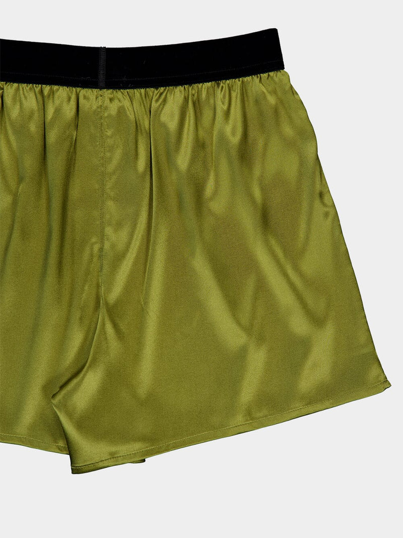 Army Green High-Waist Silk Shorts