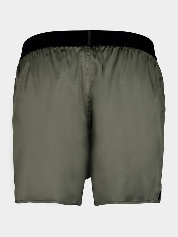 Olive Green High-Waist Silk Shorts