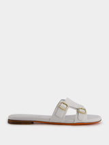 Double-Buckle White Leather Slides
