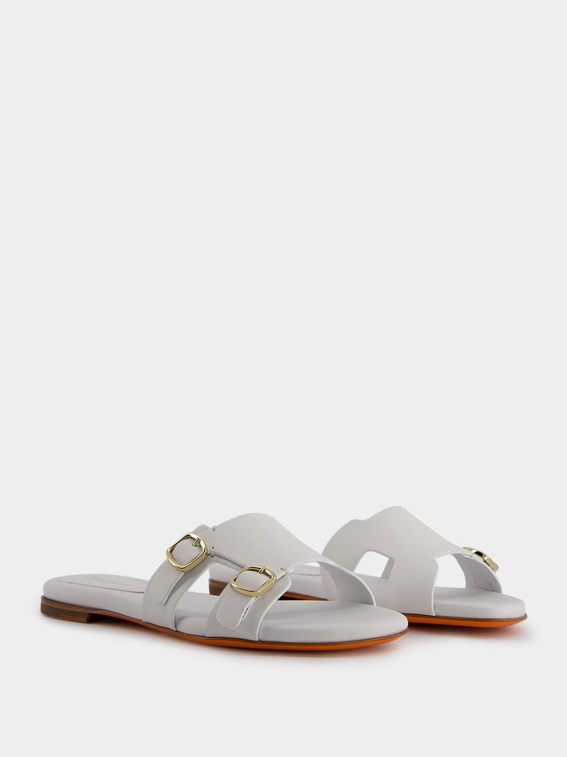 Double-Buckle White Leather Slides