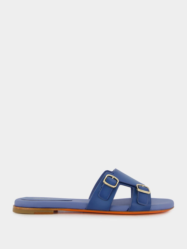 Double-Buckle Blue Leather Slides