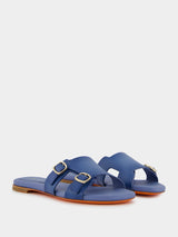 Double-Buckle Blue Leather Slides