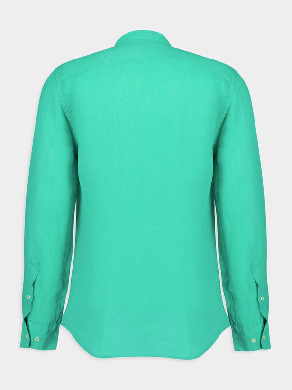Band-Collar Green Linen Shirt