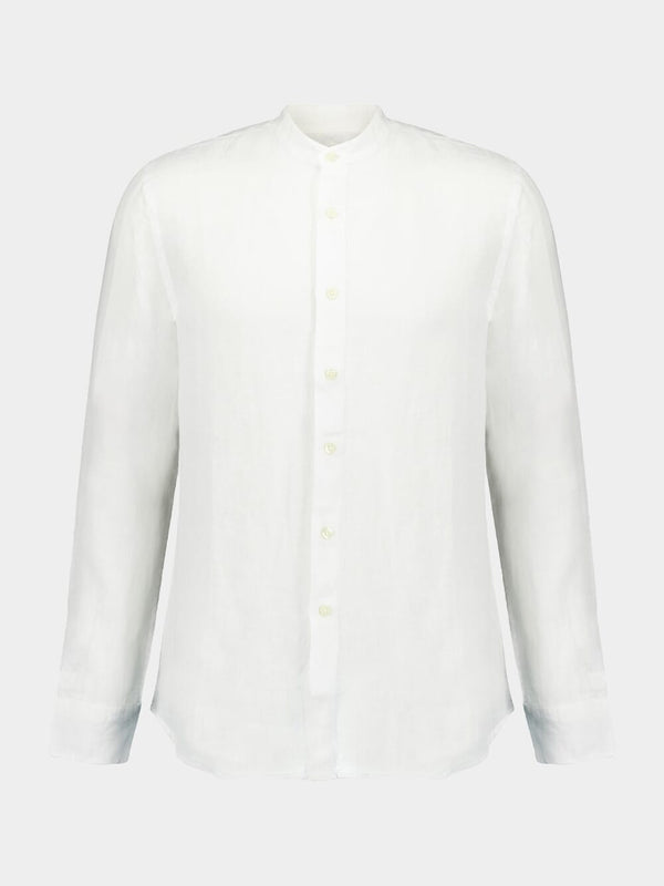 Band-Collar White Linen Shirt