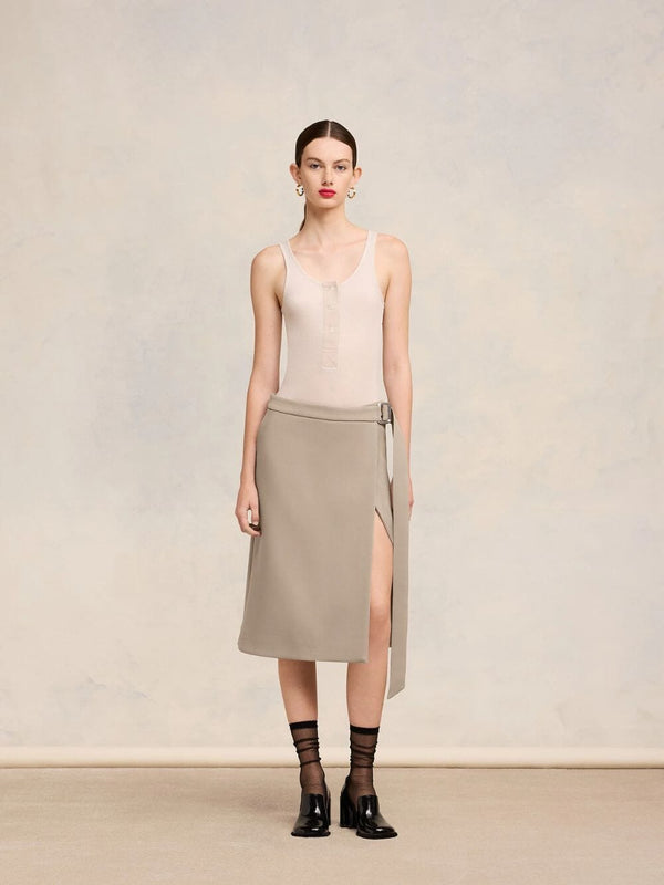 Belted Wool Crepe Midi Skirt