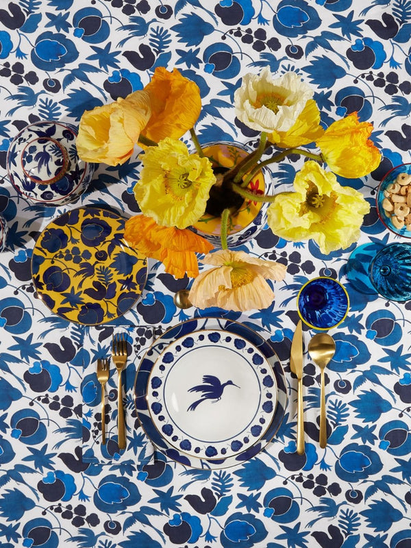 Wildbird Blu Linen Tablecloth