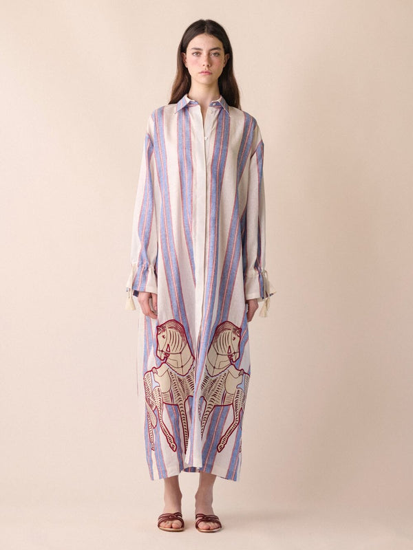 Almandine Linen Striped Dress With Embroidery Patches