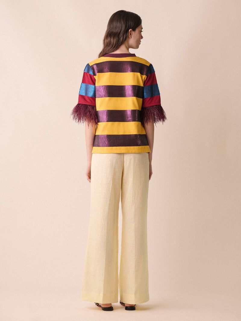 Lyra Sequin Embroidered Striped T-Shirt With Feathers
