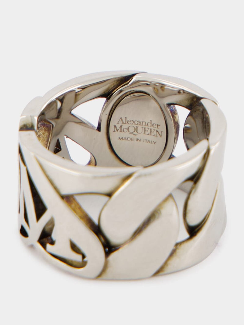 Alexander McQueenAntique Silver Seal Logo Chain Ring at Fashion Clinic