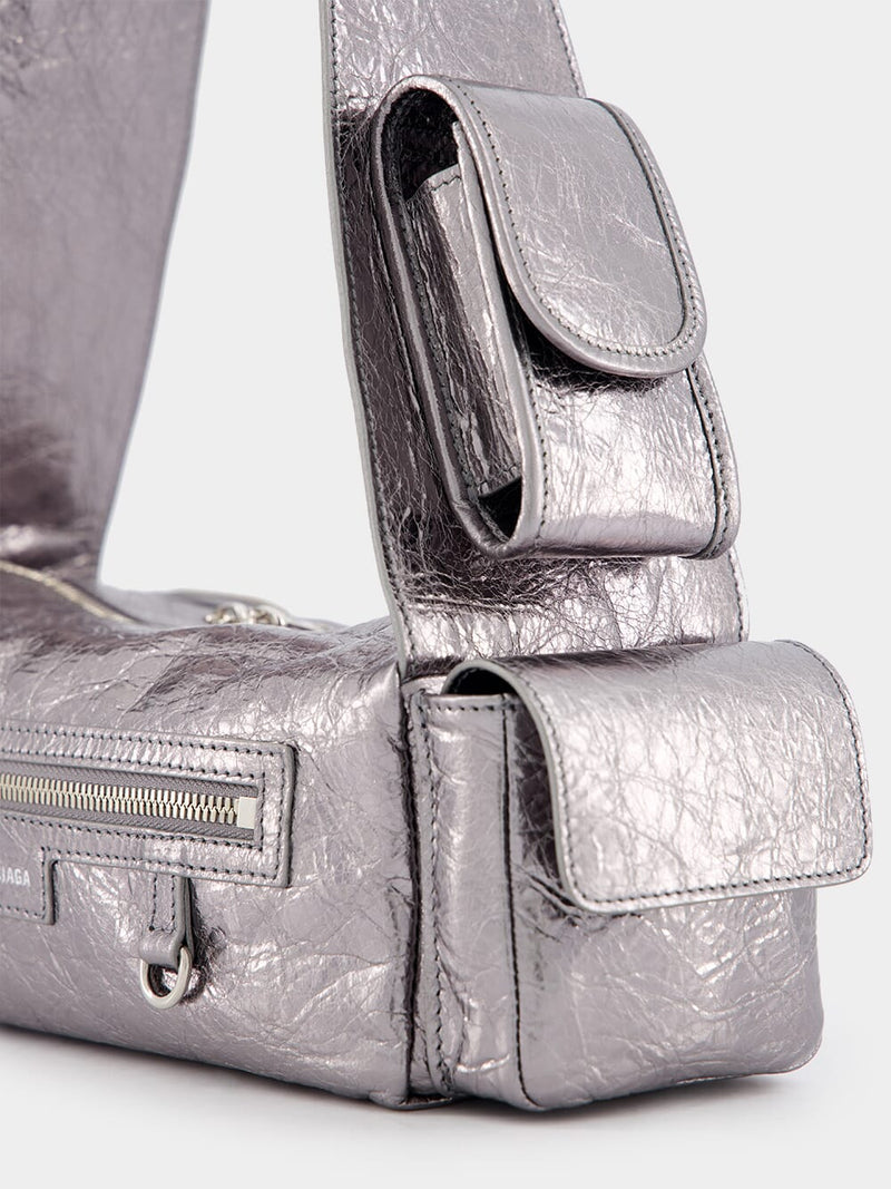 BalenciagaSilver Metallized Superbusy XS Sling Bag at Fashion Clinic
