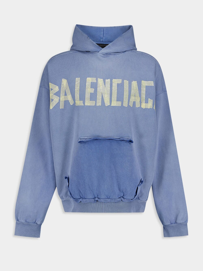 BalenciagaTape Type Ripped Pocket Blue Hoodie  at Fashion Clinic