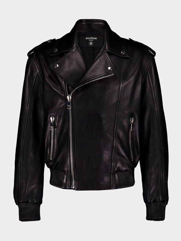 BalmainBlack Leather Bomber Jacket at Fashion Clinic