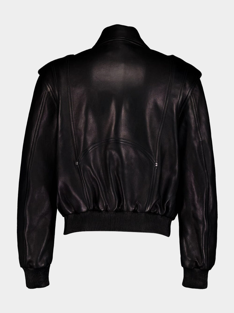 BalmainBlack Leather Bomber Jacket at Fashion Clinic