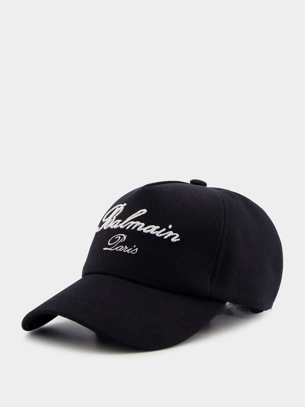 BalmainSignature Embroidery Black Cotton Baseball Cap at Fashion Clinic