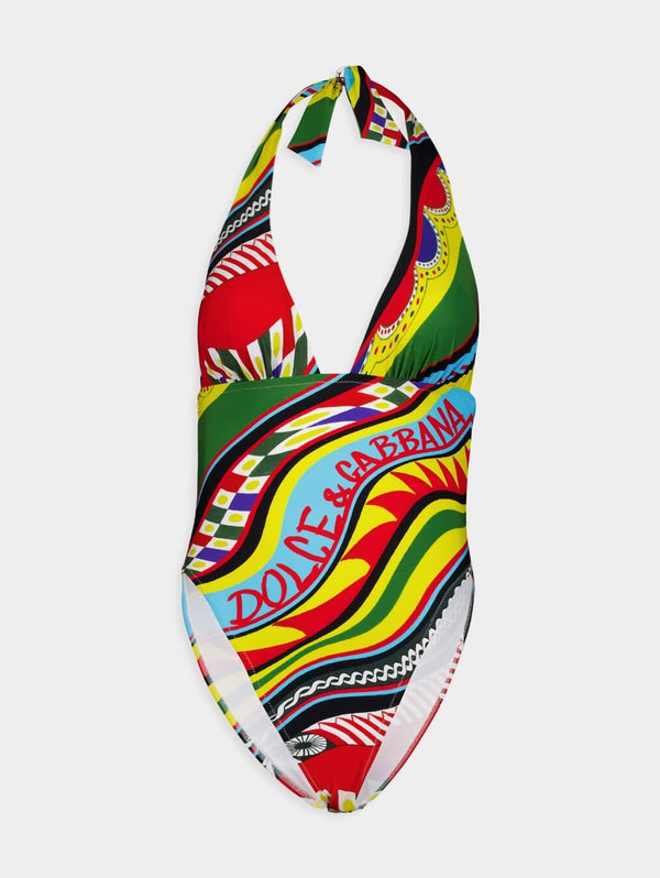Dolce & GabbanaCarretto-Print Swimsuit With Plunging Neckline at Fashion Clinic