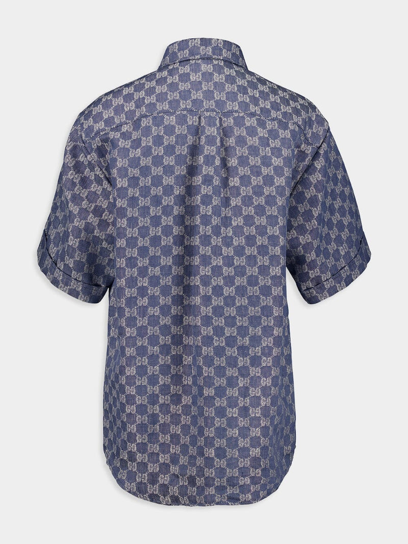 Blue GG-jacquard tie-waist linen shirt dress, Gucci