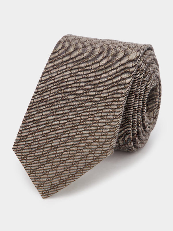 GucciInterlocking G Brown Silk Wool Jacquard Tie at Fashion Clinic